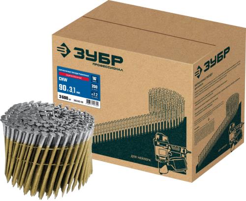 Гвозди барабанный ЗУБР CNW рифленые 90x3.1 мм, оцинкованные, 3600 шт             