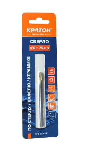 Сверло по стеклу и кафелю Кратон, 4-х резцовый, d6 х 75 мм