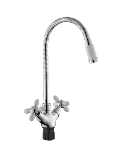 Смеситель АНТЕЙ Радуга 5870717 д/кухни, с 2-мя рукоятками, высоким гибким изливом, белые ручки и наконечник