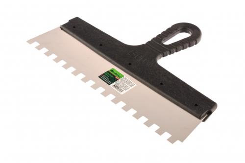 Шпатель Сибертех из нержавеющей стали, 300 мм, зуб 10х10 мм, пластмассовая ручка