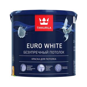 Краска ВД TIKKURILA Euro White, для потолка, глубоко мат, белая, 2,7л