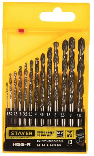 Набор сверл по металлу STAYER Professional HSS-R, (1.5-6.5 мм),13шт.