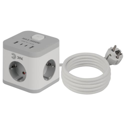 Удлинитель ЭРА CUBE-3es-1,5m-4USB-W, куб с заземл., с выключателем, 3 розетки+4xUSBA+C, 1,5м 16А белый