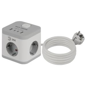 Удлинитель ЭРА CUBE-3es-1,5m-4USB-W, куб с заземл., с выключателем, 3 розетки+4xUSBA+C, 1,5м 16А белый