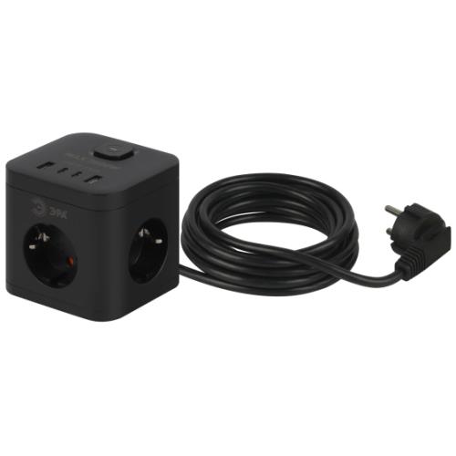 Удлинитель ЭРА CUBE-3es-1,5m-4USB-B, куб с заземл., с выключателем, 3 розетки+4xUSBA+C, 1,5м 16А черный