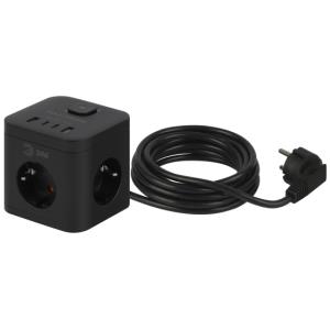 Удлинитель ЭРА CUBE-3es-1,5m-4USB-B, куб с заземл., с выключателем, 3 розетки+4xUSBA+C, 1,5м 16А черный