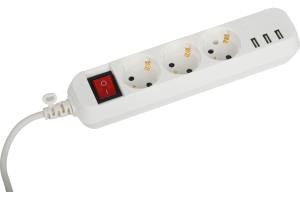 Удлинитель ЭРА 3х0,75 мм ПВС, с зазем., с выкл., 3 гн. + 3xUSBA, 1,5м., U-3es-1,5m-USB 