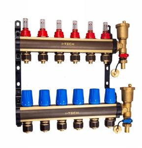 Блок коллекторный I-TECH, с регулирующими клапанами и расходомерами 6 вых 1" евроконус 3/4", латунь