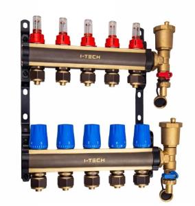 Блок коллекторный I-TECH, с регулирующими клапанами и расходомерами 5 вых 1" евроконус 3/4", латунь