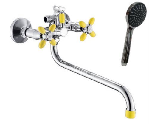 Смеситель АНТЕЙ Радуга 2270712 д/ванны, излив 300мм, с 2-мя рукоятками, с желтым наконечником и ручкой