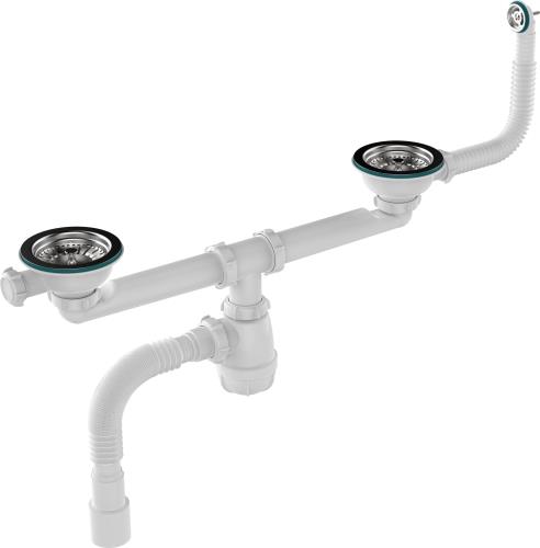 Сифон Aquant для кухни 3 1/2х40 сдвоенный с мет. решеткой 115мм с круг.переливом с гофротрубой 40х40/50 