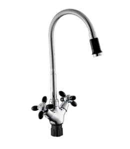 Смеситель АНТЕЙ Радуга 5870716 д/кухни, с 2-мя рукоятками, высоким гибким изливом, черные ручки и наконечник