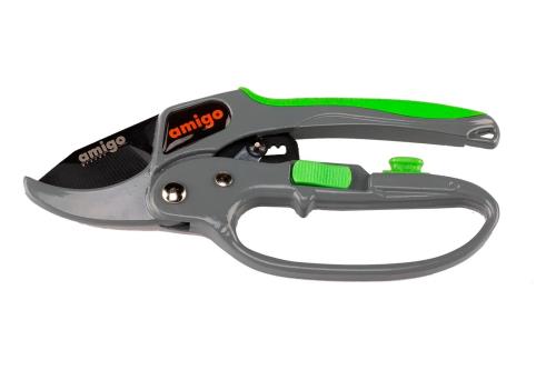 Секатор AMIGO, плоскостной, храповый механ, сталь, d=2см, 23см