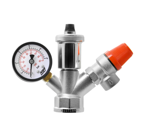 Группа безопасности MasterProf (авт. воздухоотводчик, манометр, предохран. клапан) 1", 3 бара