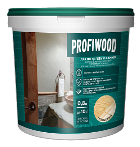 Лак ВД Profiwood, по дереву и камню, глянцевый, 0,9кг
